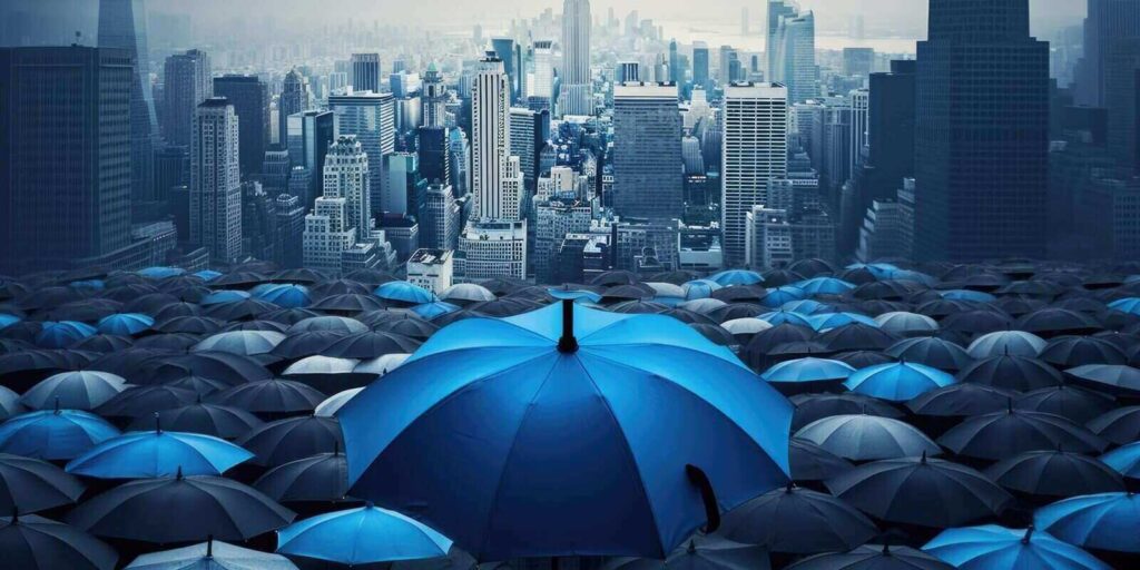 blue umbrella on top of others umbrellas