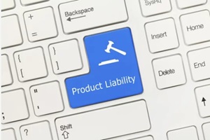 white conceptual keyboard - product liability (blue key)