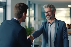 mature business man boss holding hand handshaking corporate client