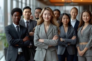 asian employees with female leader as well as black employees stand in beautiful expensive office and look at camera