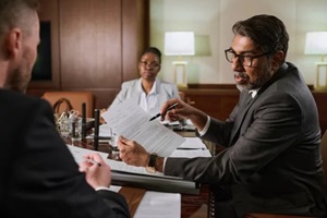 male boss or chief executive officer with paper document in hands looking at younger colleague during explanation of contract points