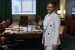 successful African American female chief executive officer with folder looking at camera against table for business meetings