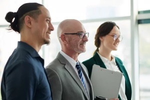 successful mature male chief executive officer in grey suit standing between two young intercultural subordinates in front of camera