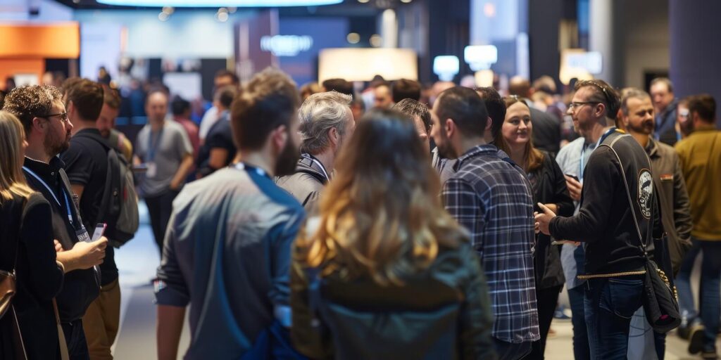 crowd of people standing around each other, engaging in conversations and networking during a conference hall event