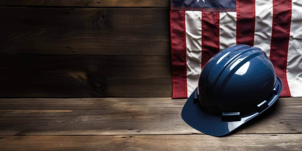 american flag with different construction tools on dark wooden background