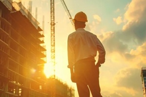 construction site at sunset with a worker in a hard hat