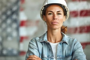 female construction worker in front of a blurred American flag background