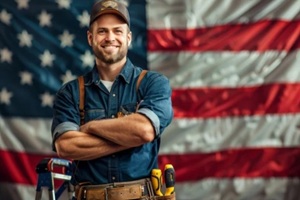 man in blue work shirt and tool belt smiles in front of american flag