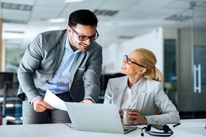 positive business people talking about business achievement, portrait