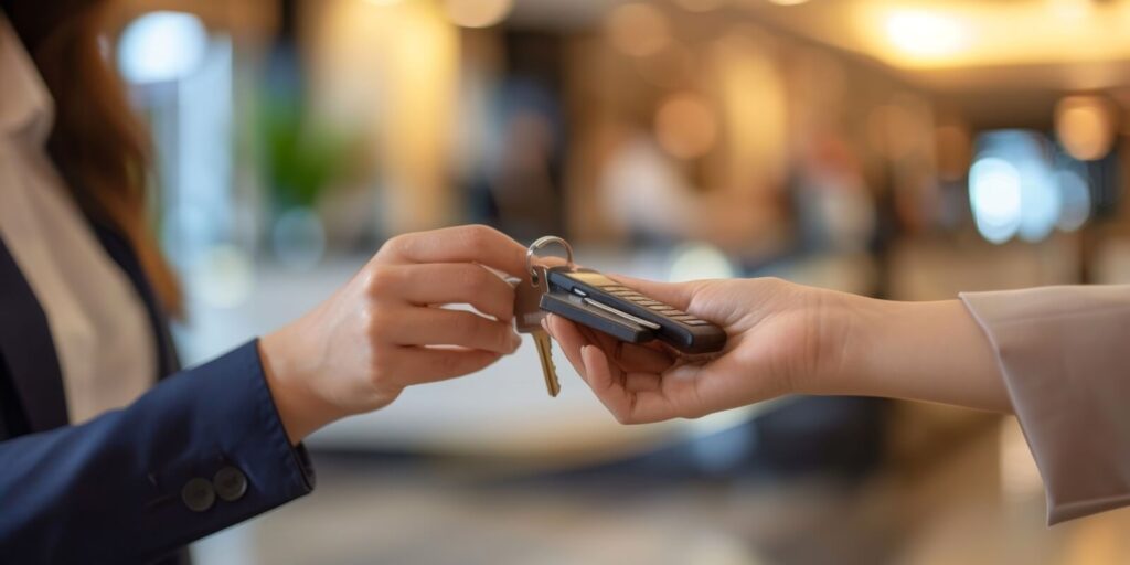 close-up of a hotel receptionist's hands handing over room keys with a welcoming smile