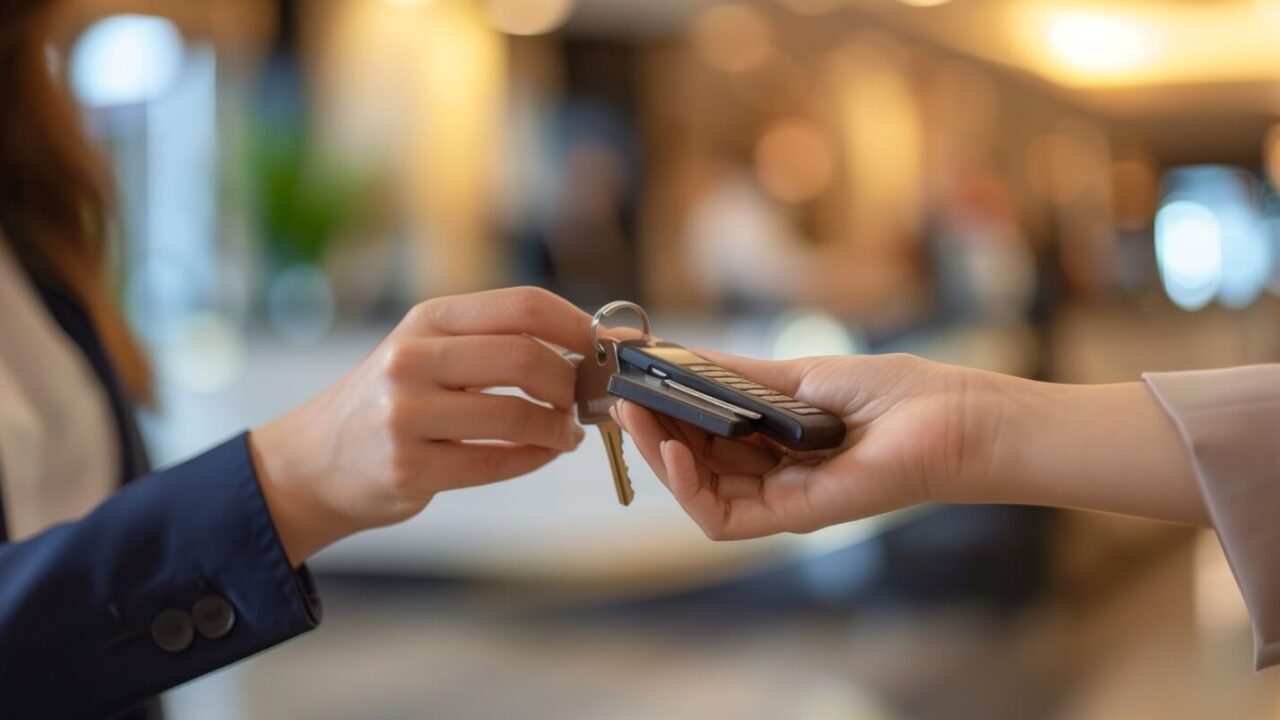 close-up of a hotel receptionist's hands handing over room keys with a welcoming smile