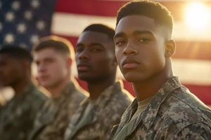 group of diverse soldiers standing in front of an american flag at sunset