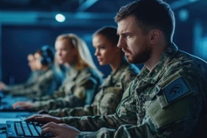 soldier in military uniform working at a computer