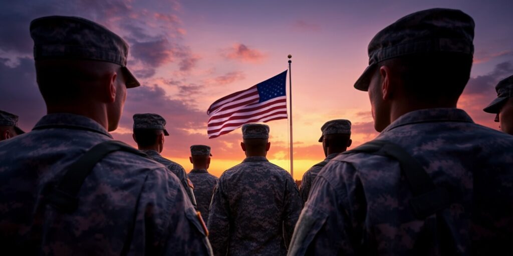 soldiers performing flag raising ceremony at sunset during military event