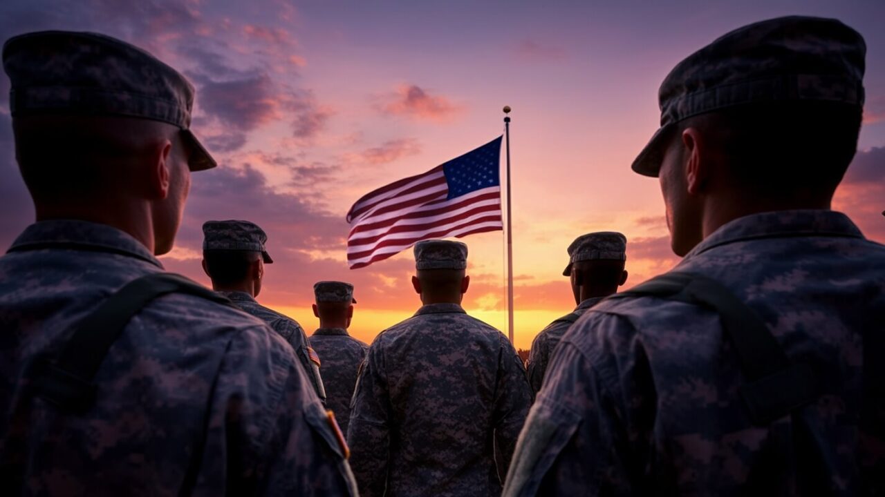 soldiers performing flag raising ceremony at sunset during military event