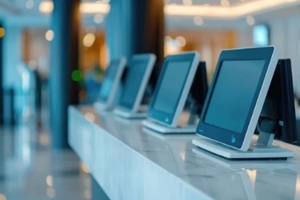 hotel reception with multiple screens