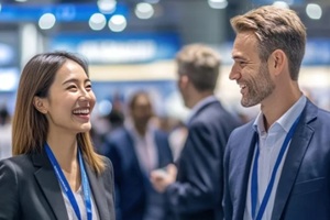 man and woman at a business event highlights the collaborative energy of the trade show