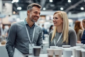 professional exchange between a man and woman at a business event highlights the collaborative energy of the trade show