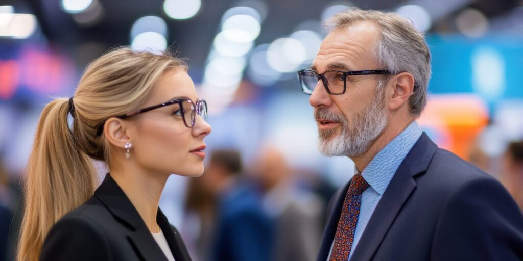 professional exchange between a man and woman at a business event highlights the collaborative energy of the trade show