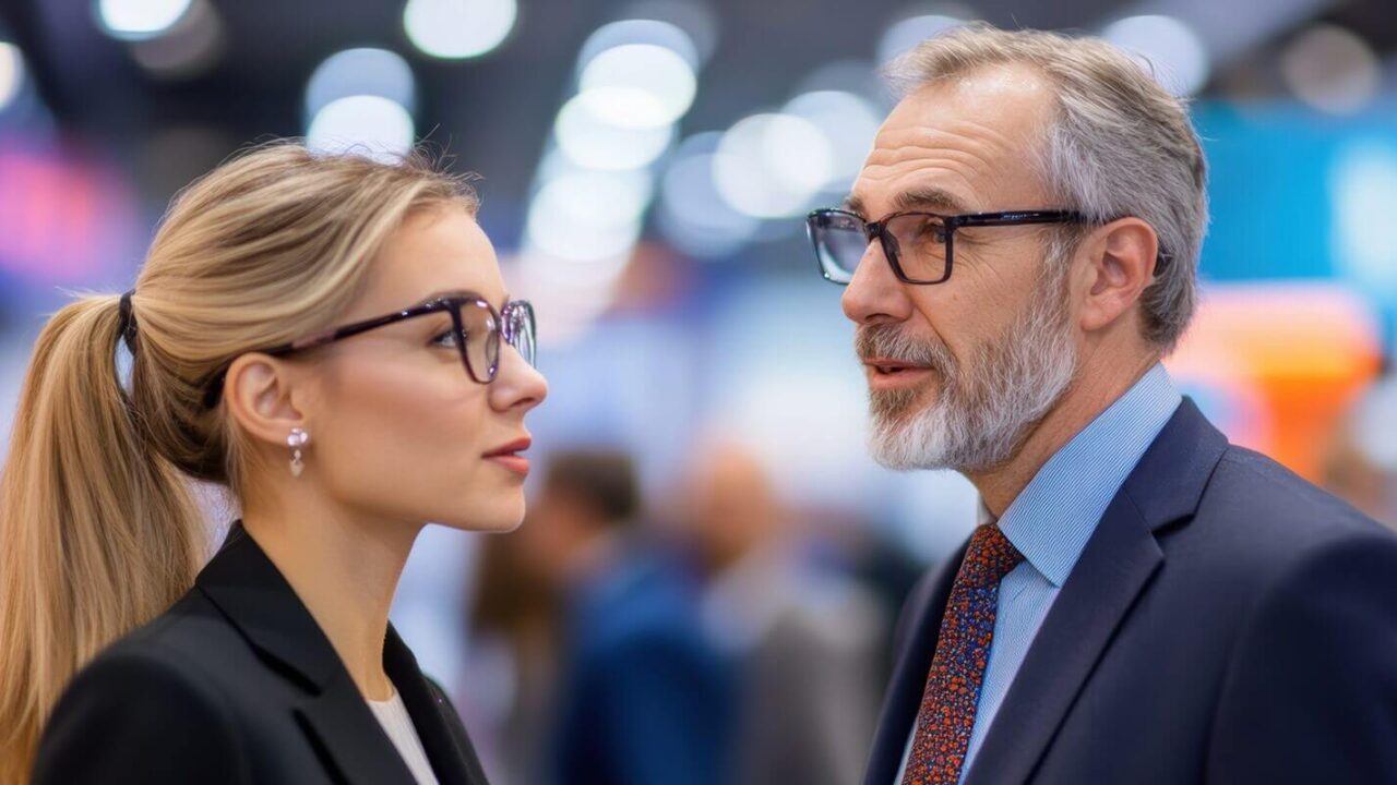 professional exchange between a man and woman at a business event highlights the collaborative energy of the trade show