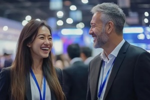 professional exchange between a man and woman at a business event highlights the collaborative energy of the trade show