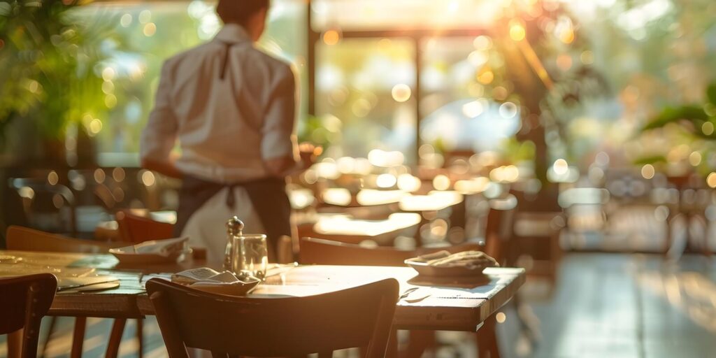 view of worker cleaning tables at restaurant with copy space