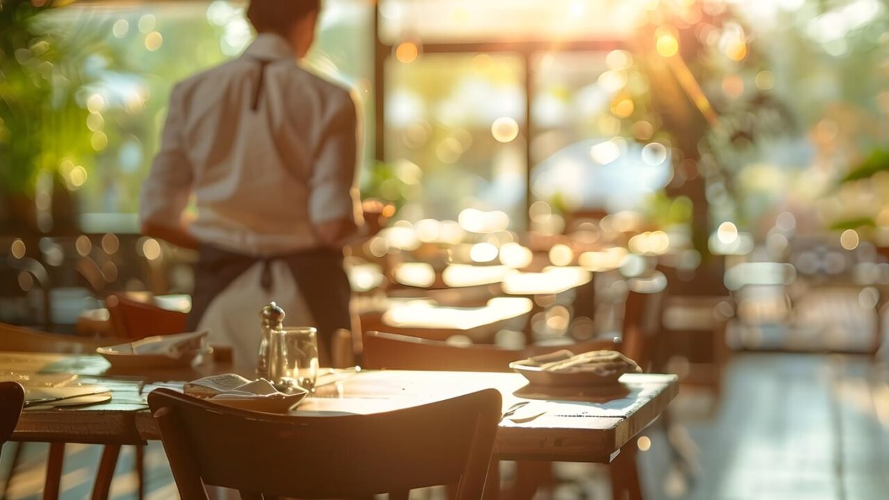 view of worker cleaning tables at restaurant with copy space