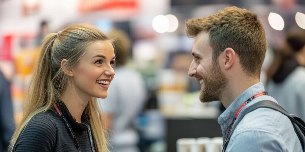 professional exchange between a man and woman at a business event highlights the collaborative energy of the trade show