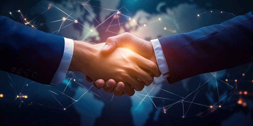 multinational team handshaking in modern office
