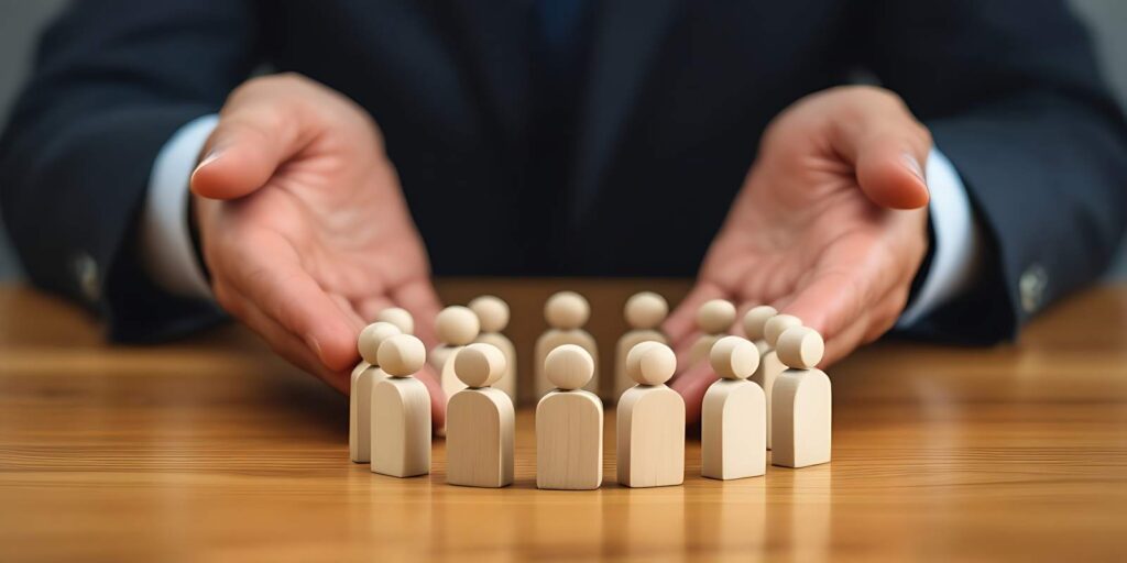 Employer Representing Employee Protection with DBA Insurance Through Wooden Human Dolls