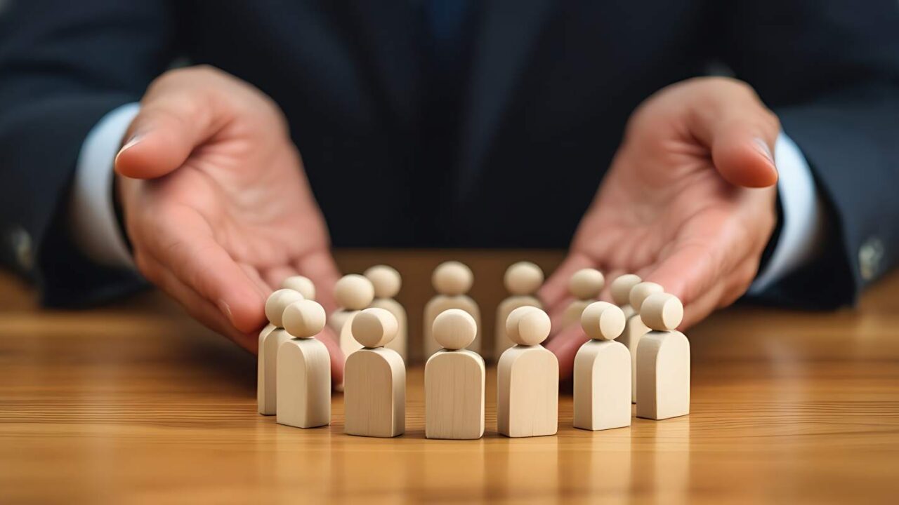 Employer Representing Employee Protection with DBA Insurance Through Wooden Human Dolls