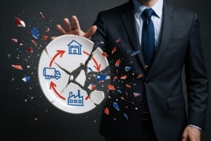 Businessman Hand on Broken Supply Chain Diagram Representing Disruptions to Operations