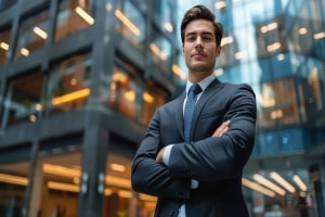 Professional Lawyer Standing in Front of Corporate Building