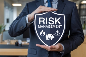 Businessman Holding Insurance Risk Management Badge