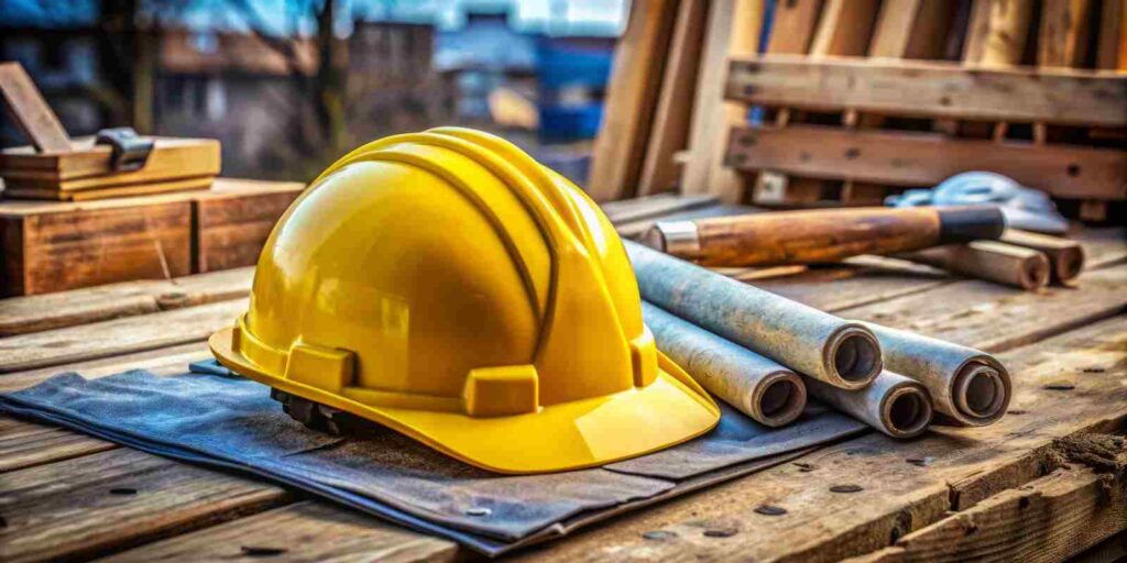 Contractor Yellow Hard Hat and Equipment Placed on Wooden Beam