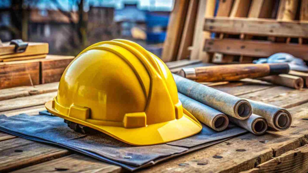 Contractor Yellow Hard Hat and Equipment Placed on Wooden Beam