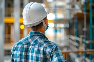 Person in Construction Helmet Watching Engineering Structure