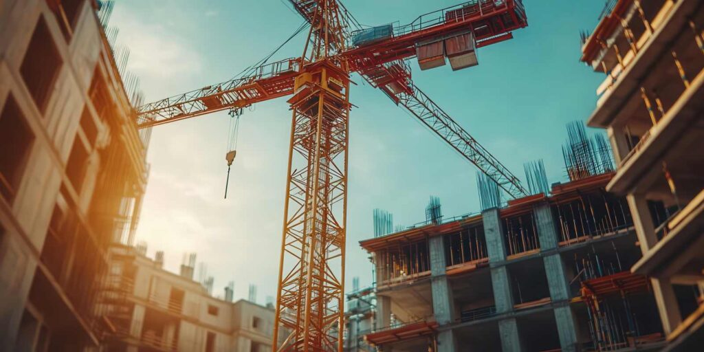 Urban development project, close-up of cranes and building materials, construction in progress