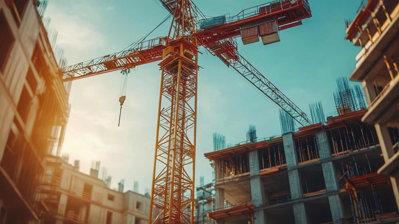 Urban development project, close-up of cranes and building materials, construction in progress
