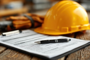 E&O Insurance Form with Pen and Hard Yellow Hat