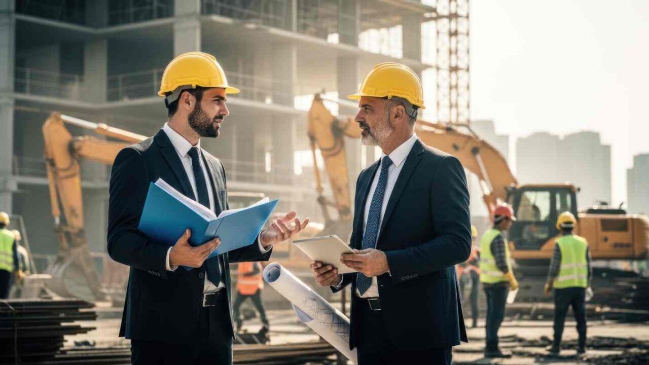 Two Civil Engineers Discussing Building Blueprints