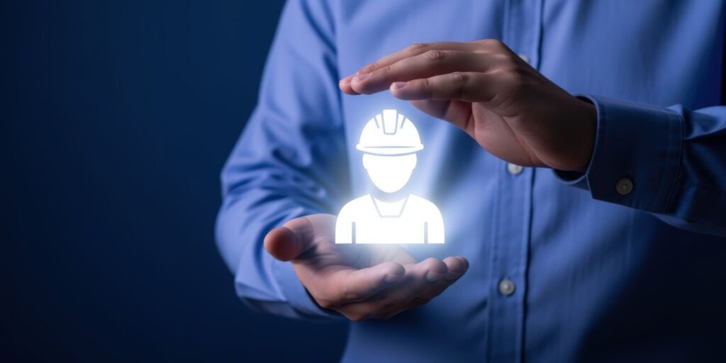 Contractor Icon Protected by Hands Representing Insurance Concept