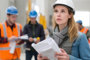 Female Government Contractor with Workers at Site