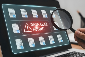 Man Reading Data Leak Warning on Laptop with Magnifying Glass