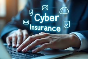 Person Working on Laptop with Cyber Insurance Icons