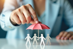 Hand Holding Miniature Umbrella Over Figures Showing Volunteers Insurance Coverage