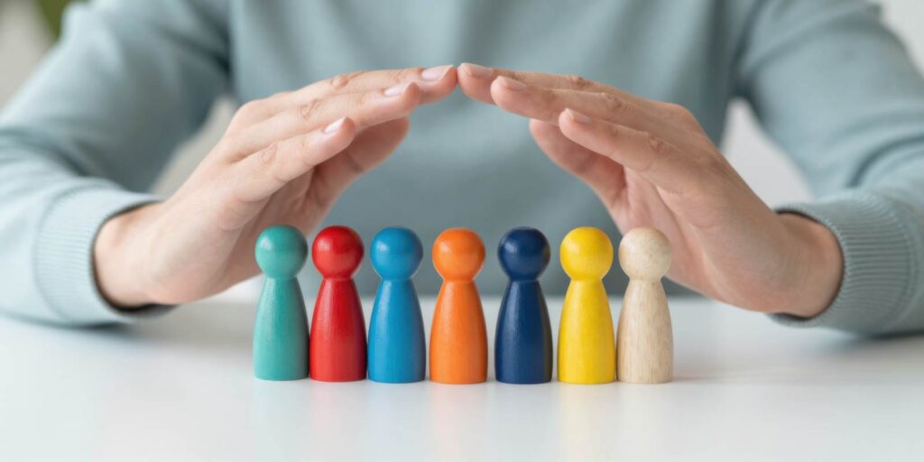 Hands Covering Colorful Wooden Figures Representing Volunteers Insurance Coverage