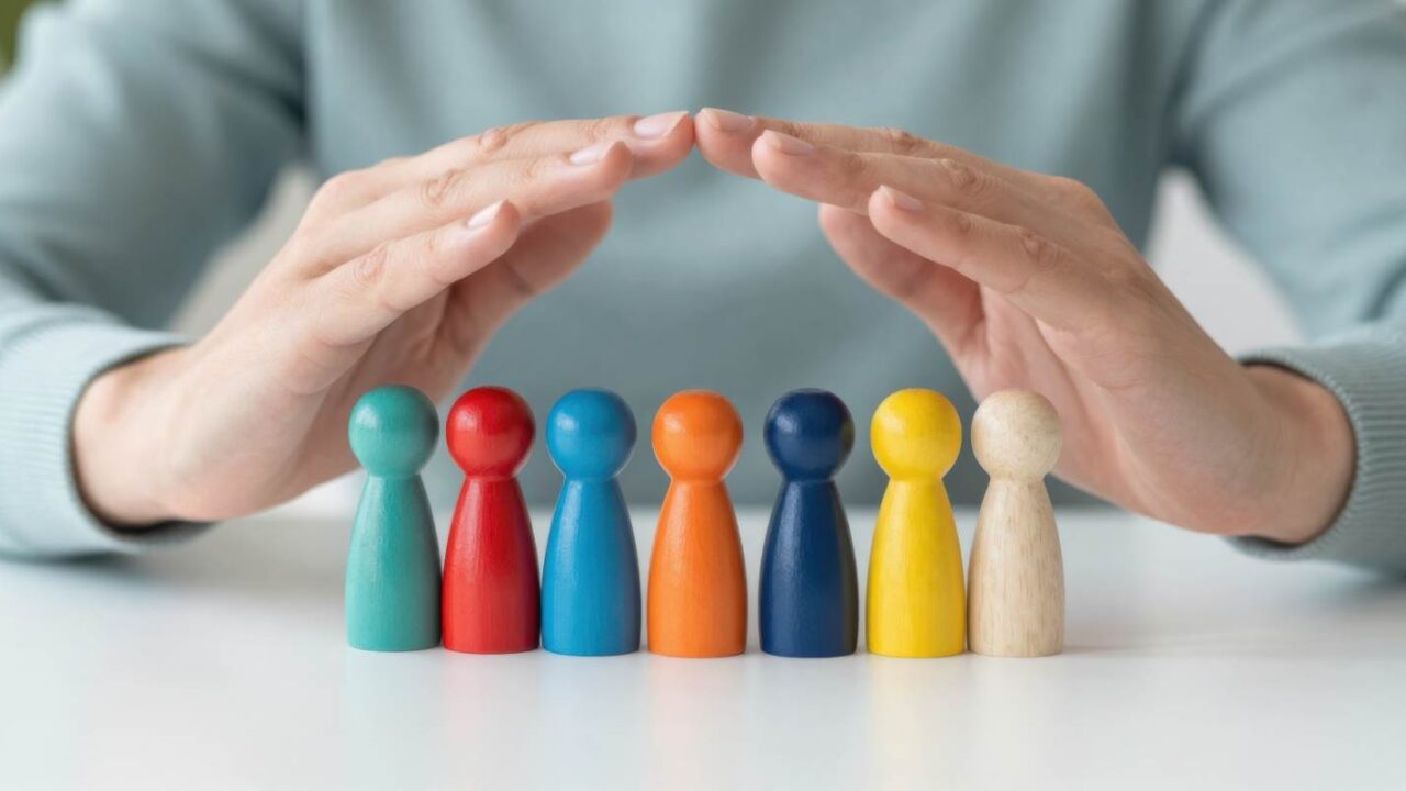 Hands Covering Colorful Wooden Figures Representing Volunteers Insurance Coverage