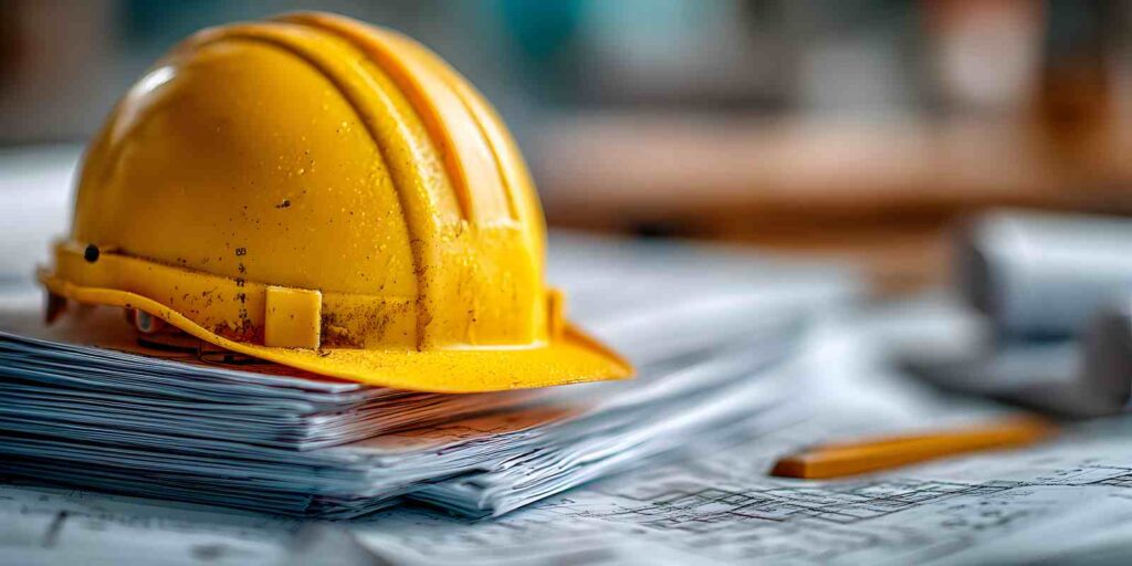 Yellow Hard Hat Over Government Contractor Insurance Compliance Documents