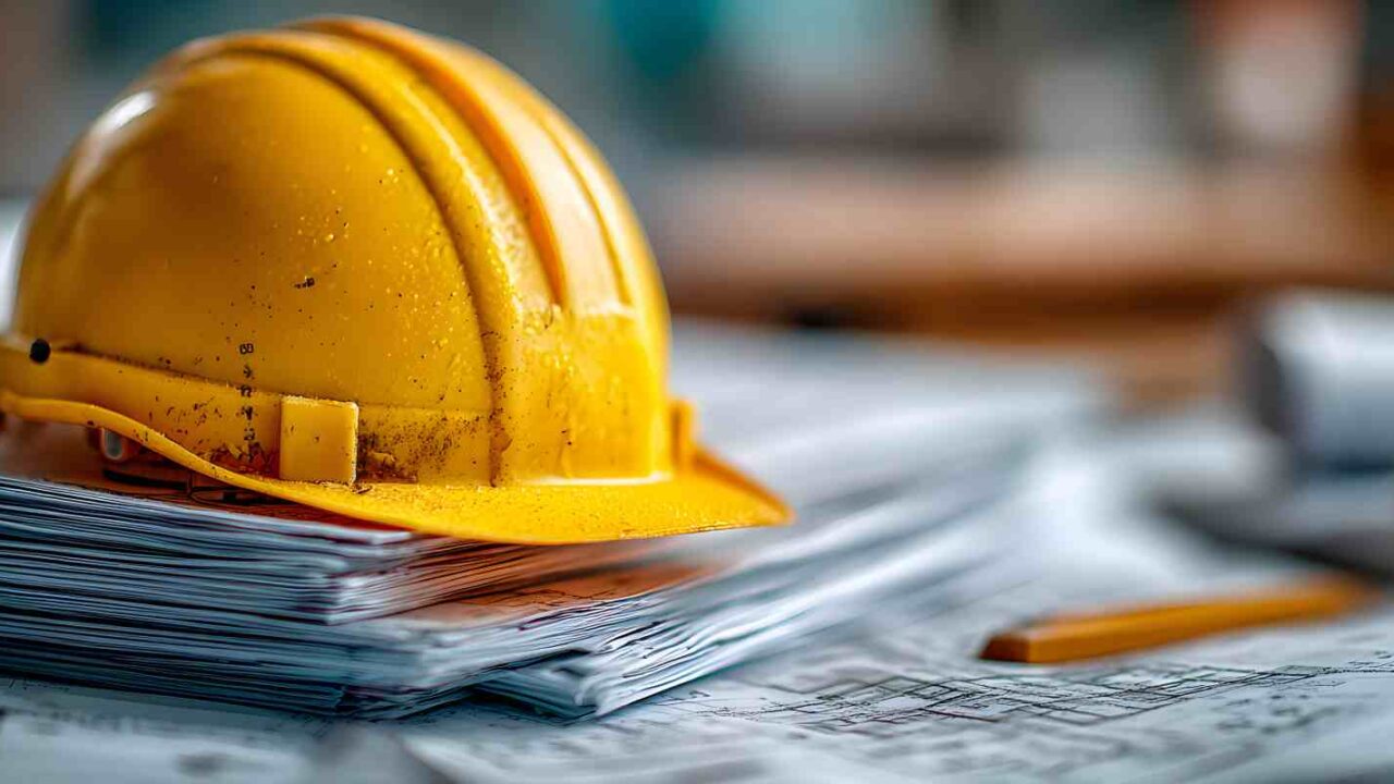 Yellow Hard Hat Over Government Contractor Insurance Compliance Documents